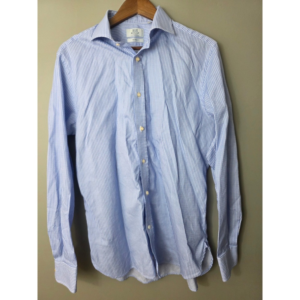 Boggi Milano Tailored Fit Blue Check Shirt Cotonificio Albini Cotton 42 16.5